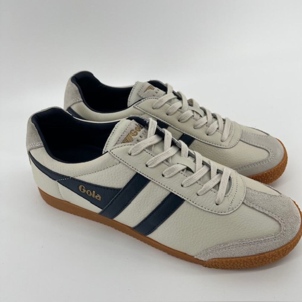 NEW Gola Harrier Leather Sneakers Mens 9 Cream Navy Blue CMB426 Low Pro Casual
